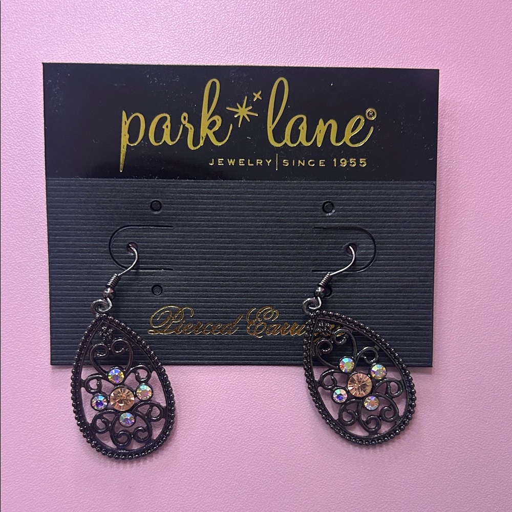 Park Lane Black Filigree Teardrop Earrings with Iridescent Crystals